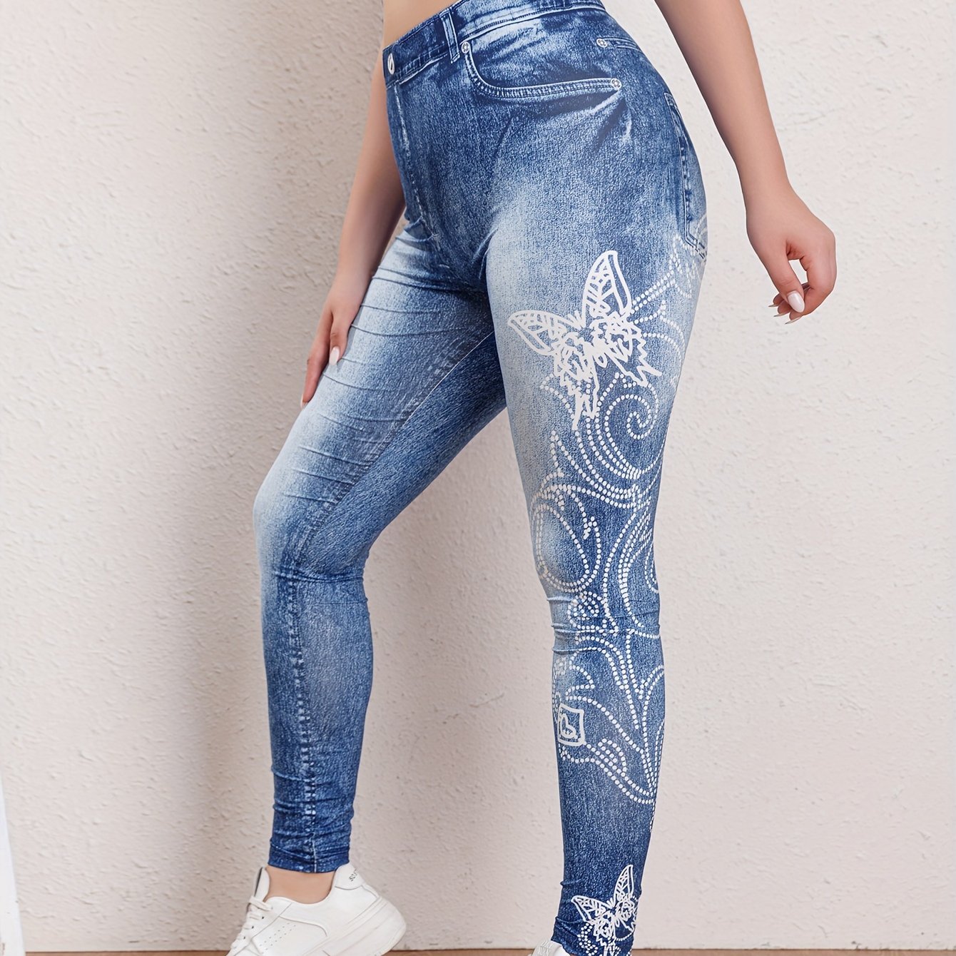 Casual Butterfly & Denim Print High Rise Leggings