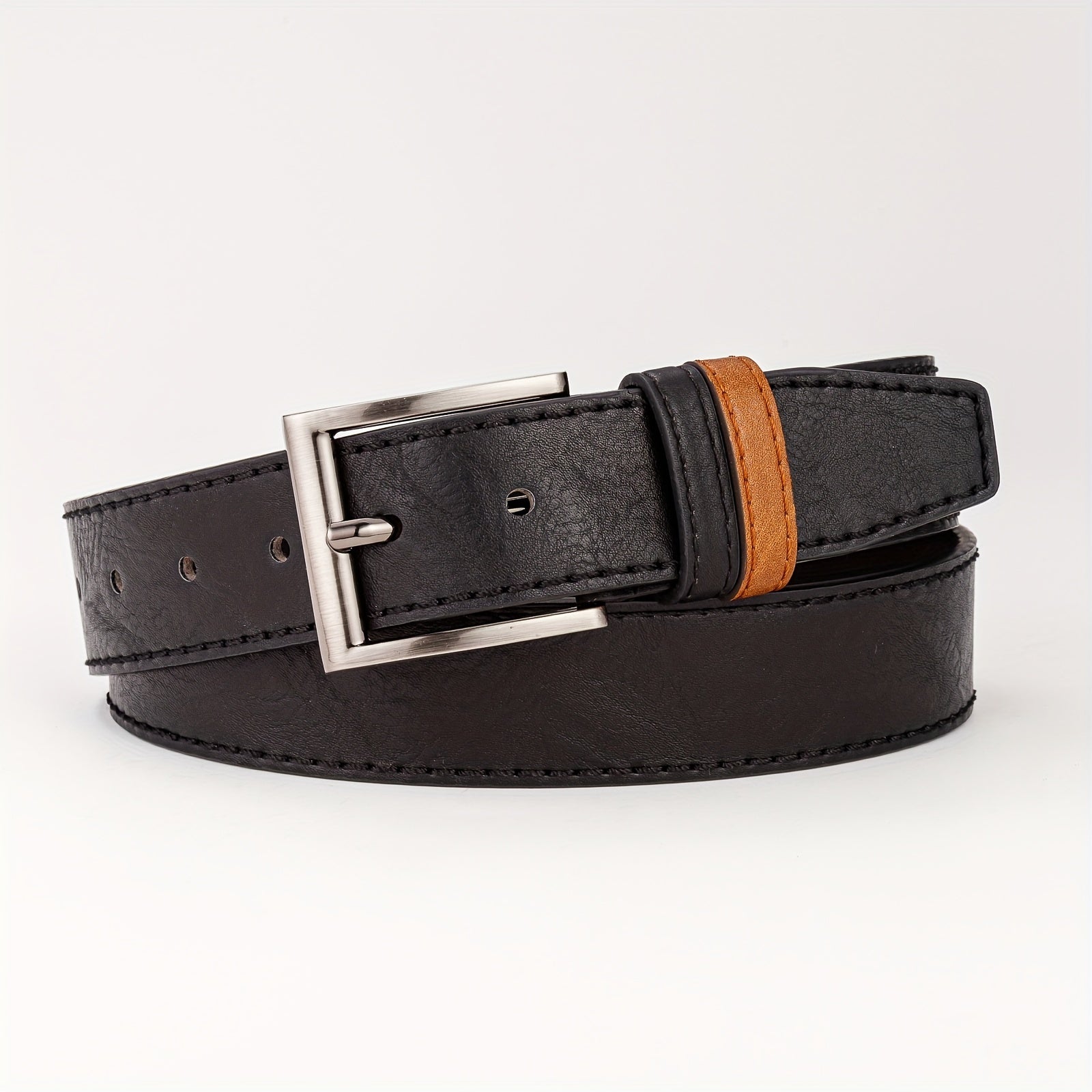 Men's Leather Belt with Pin Buckle and Two Rings