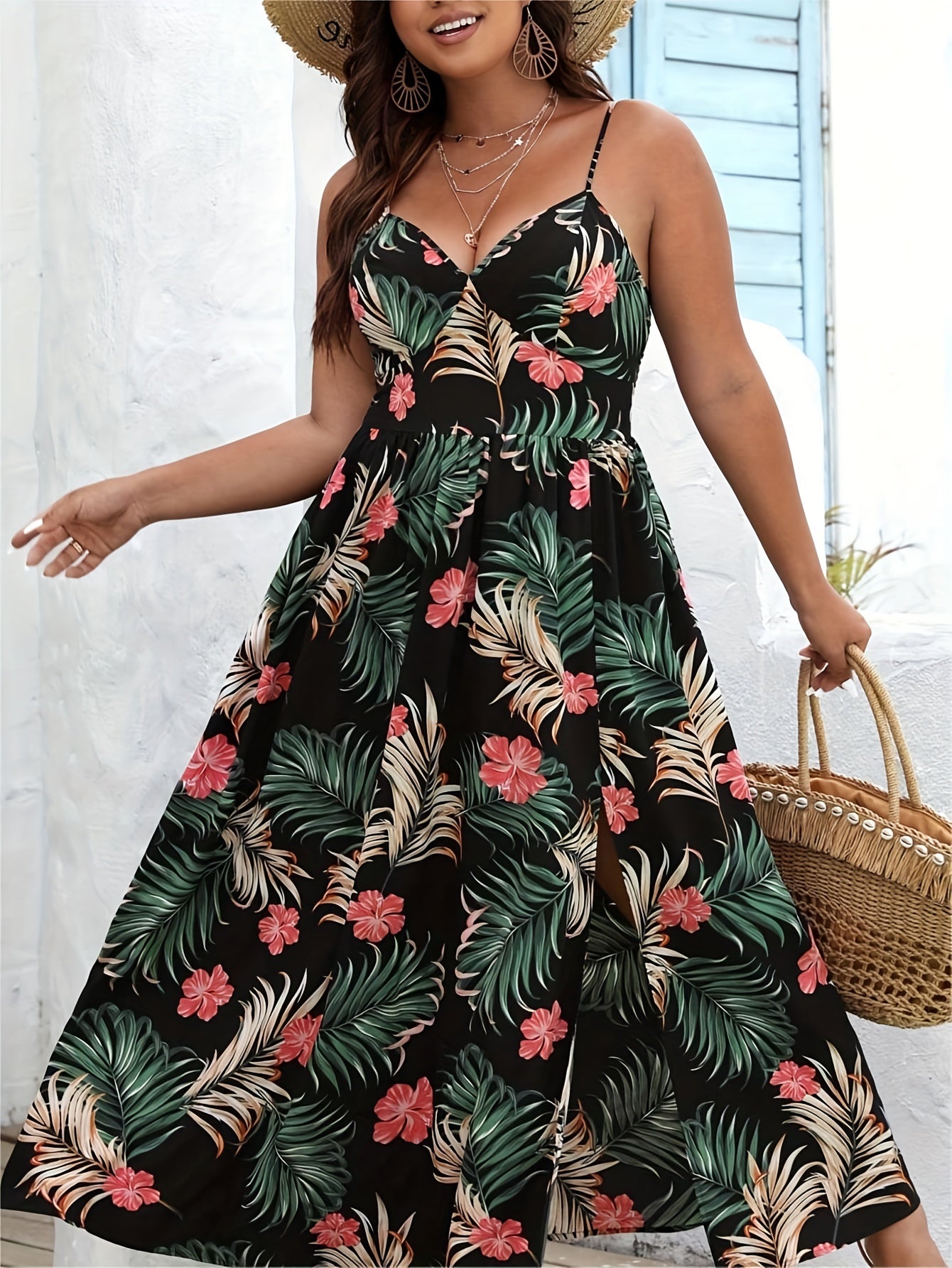 Boho Dress Women's Plus Tropical Print V Neck Maxi Dress