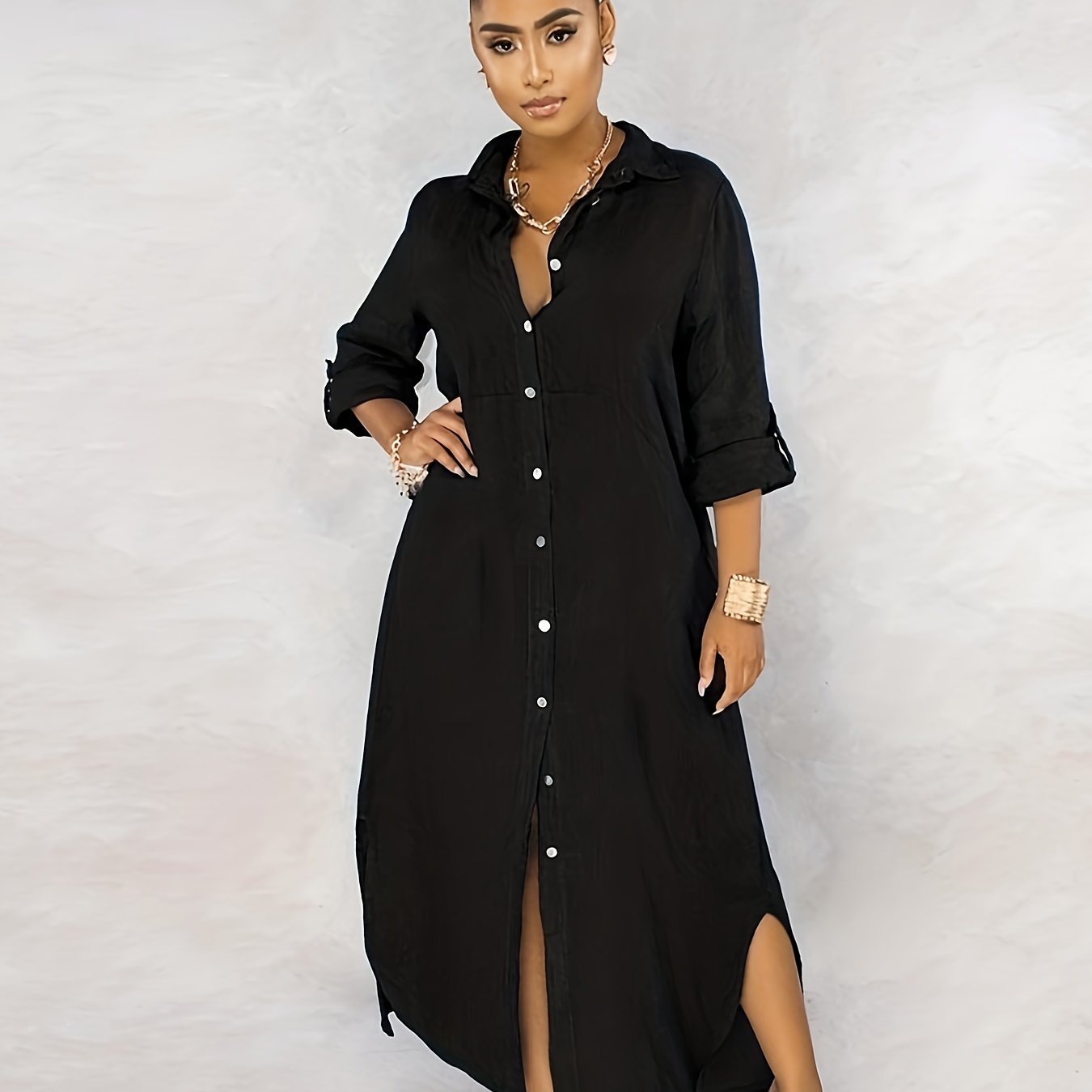 Casual Dress Women's Plus Solid Roll Up Sleeve Button Up Shirt Dress