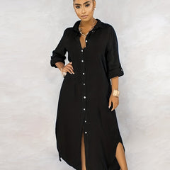 Casual Dress Women's Plus Solid Roll Up Sleeve Button Up Shirt Dress