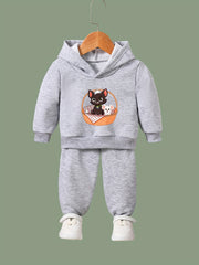 Kid's Cat & Mouse Print Hoodie & Pants Set Girl's Sporty Clothes