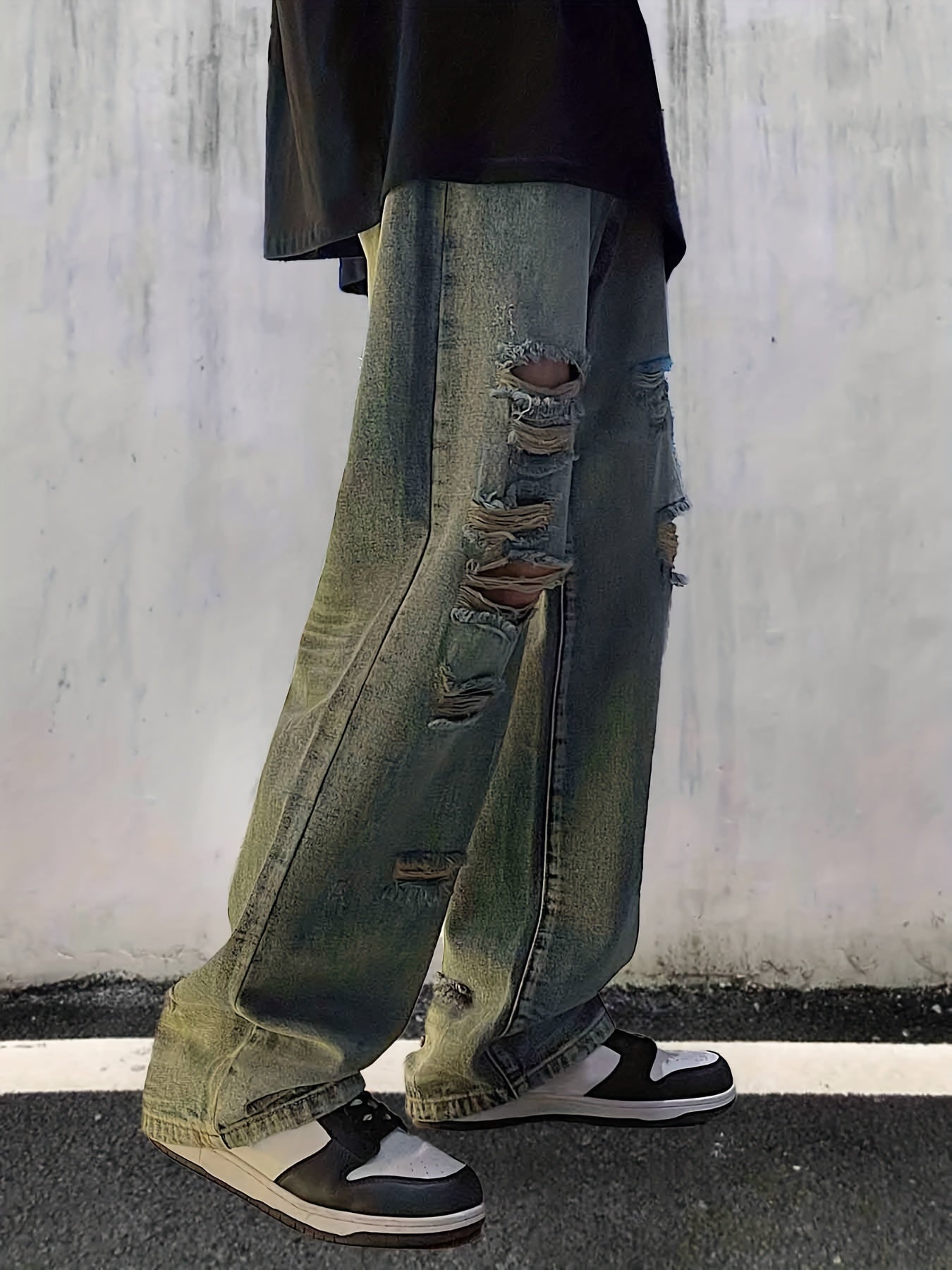 Men's Loose Fit Ripped Jeans, Street Style Distressed Denim Pants