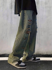 Men's Loose Fit Ripped Jeans, Street Style Distressed Denim Pants