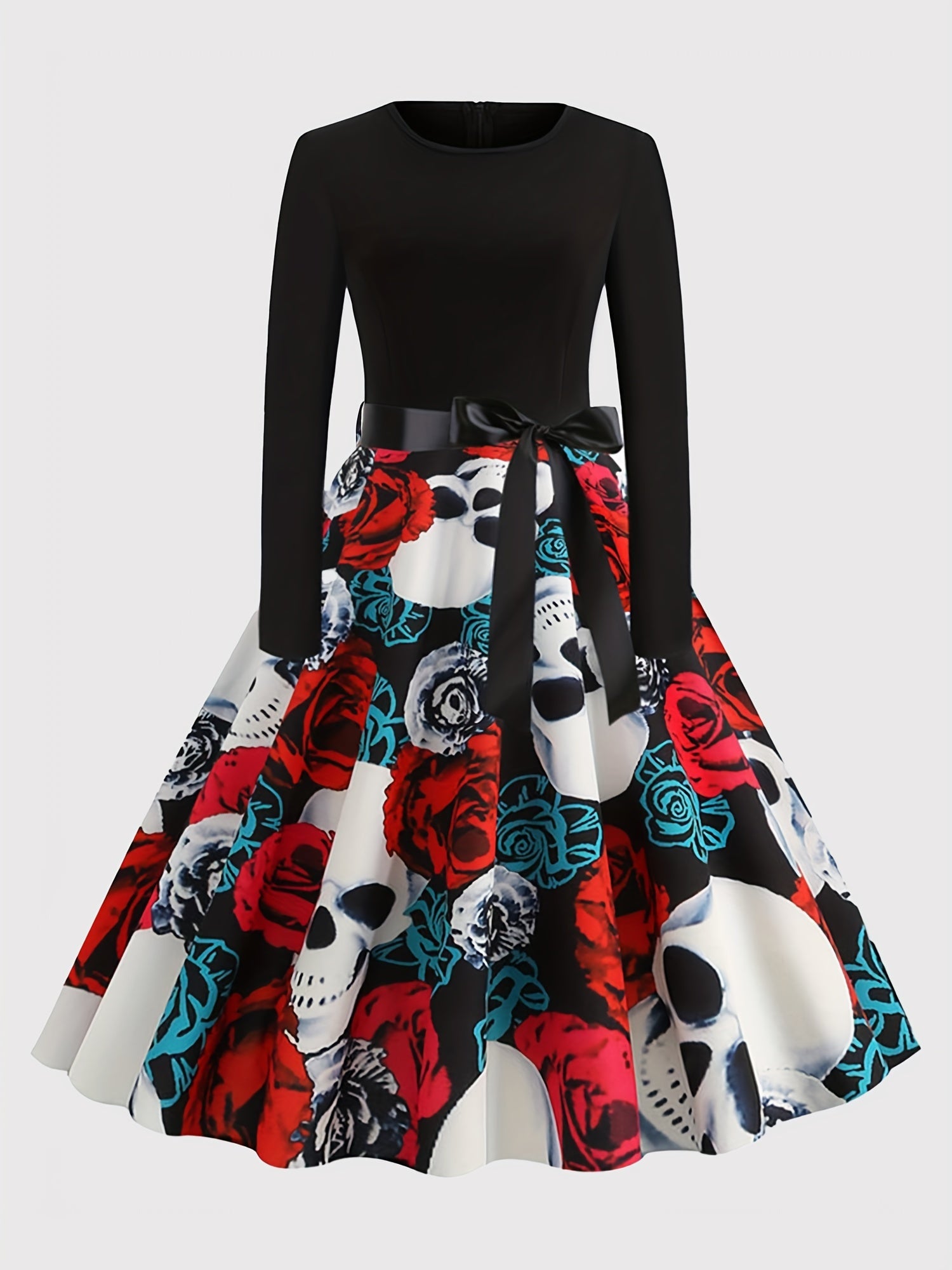 Halloween Skull & Pumpkin Print A-line Dress