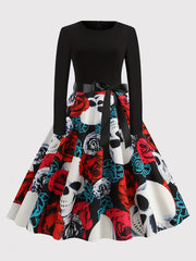 Halloween Skull & Pumpkin Print A-line Dress
