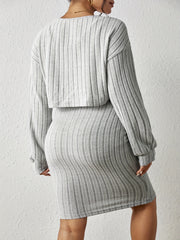 Plus Solid Ribbed Knit Round Neck Tank Dress & Long Sleeve Top Set