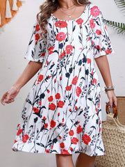 Women's Plus Floral Print Short Sleeve Dress With Pockets