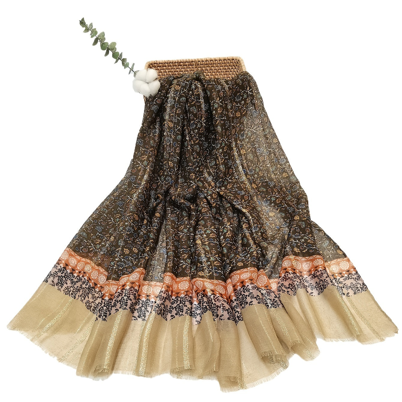 Brown Vintage Scarf Boho Floral Print Voile Shawl Frayed Edge Head Wrap