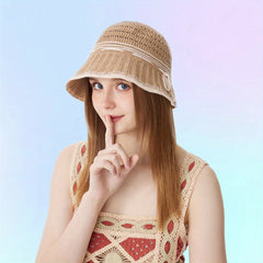 Hollow Out Bucket Hat Knitted Bowknot Decor Casual Thin Breathable Beach Hat