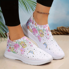 Floral Sneakers with Rhinestone Detail Slip On Low Top Lightweight Running Shoes