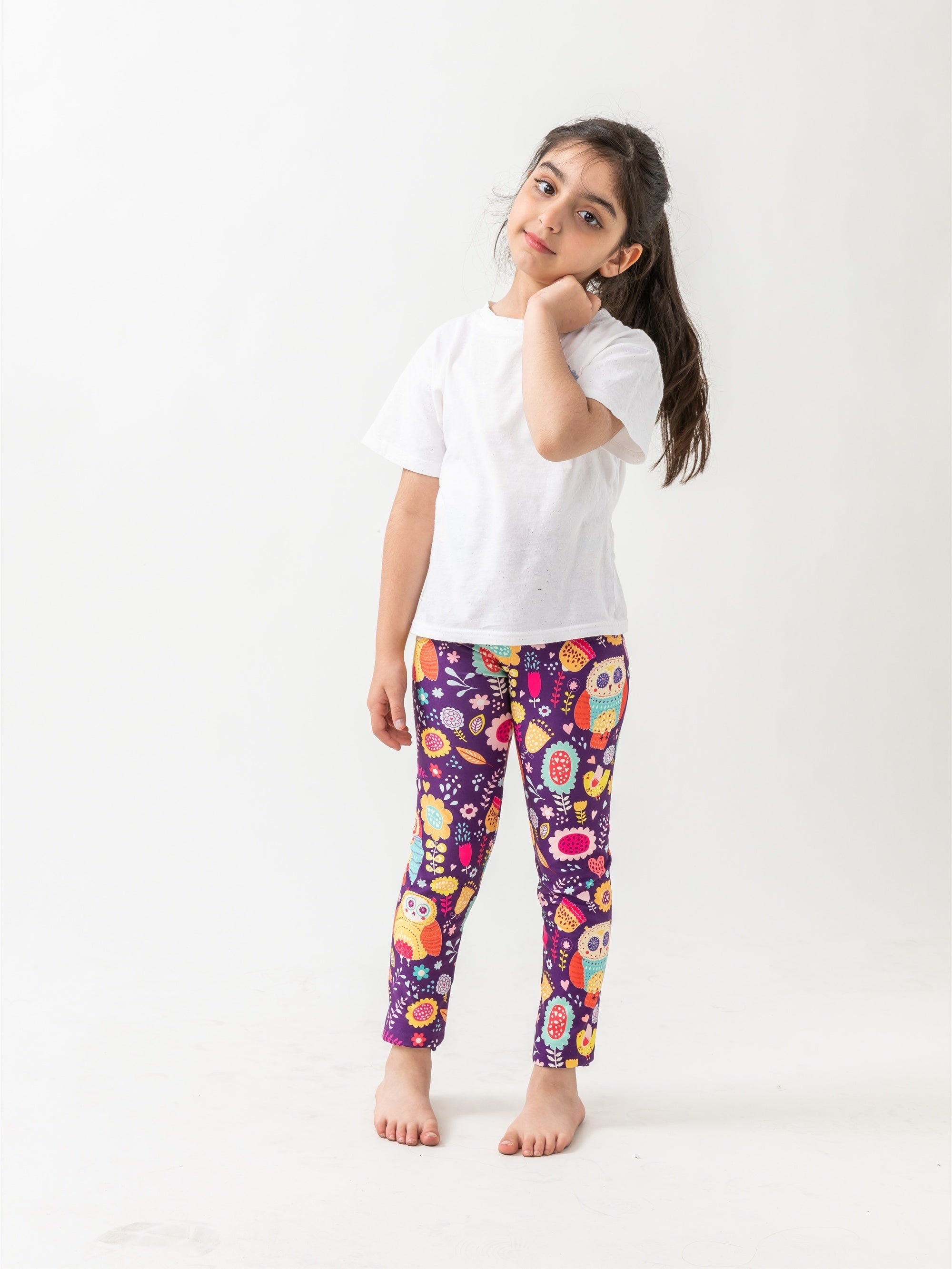 Girls High Stretch Soft Leggings Owls And Flowers Pattern