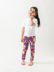 Girls High Stretch Soft Leggings Owls And Flowers Pattern