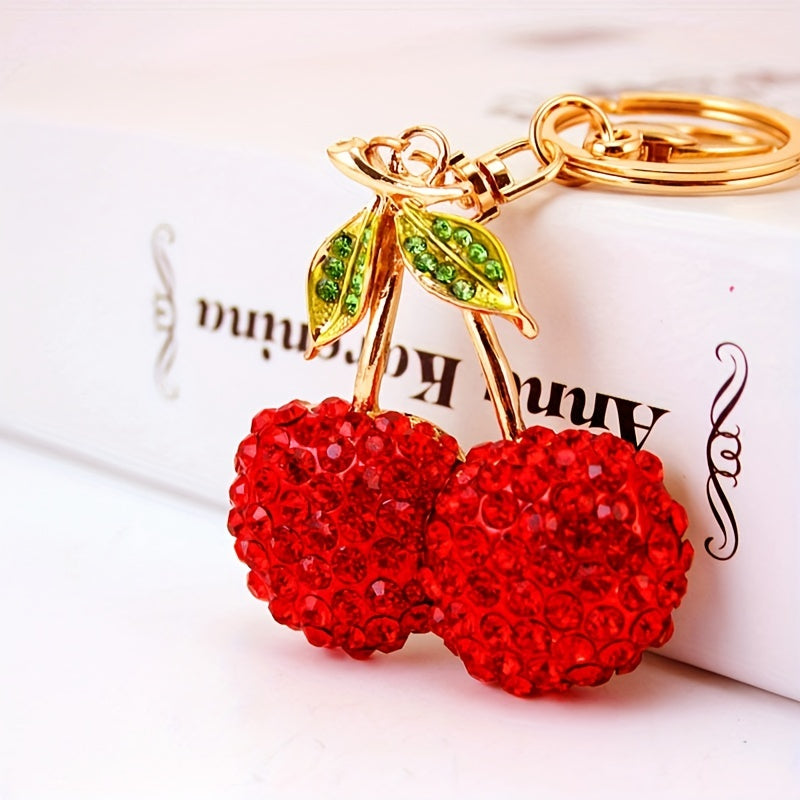 Cherry Charm Keychain Rhinestone Fruit Shape Key Ring Bag Pendant Ornaments