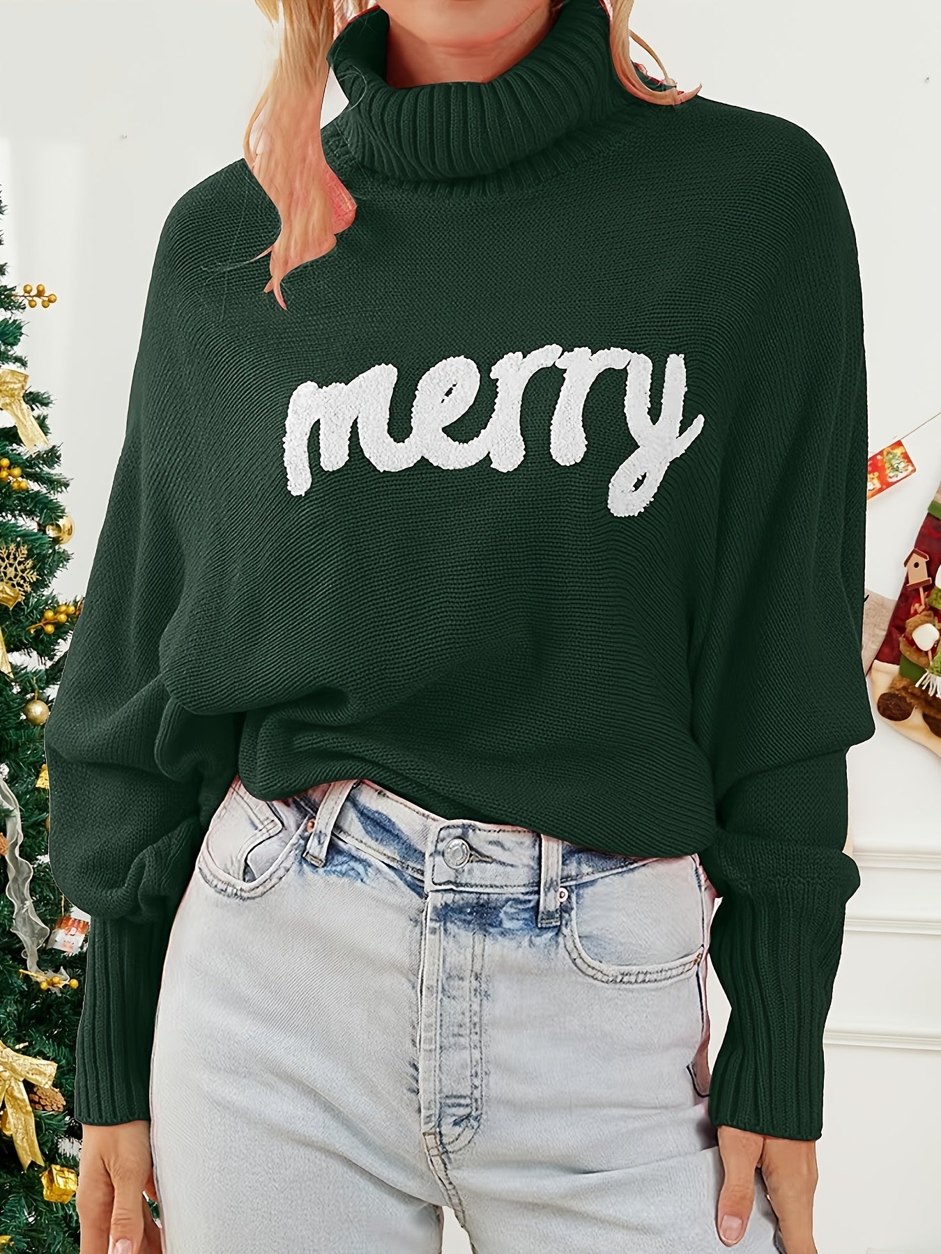 Women's Plus Letter Patch Bat Sleeve Turtle Neck Sweater