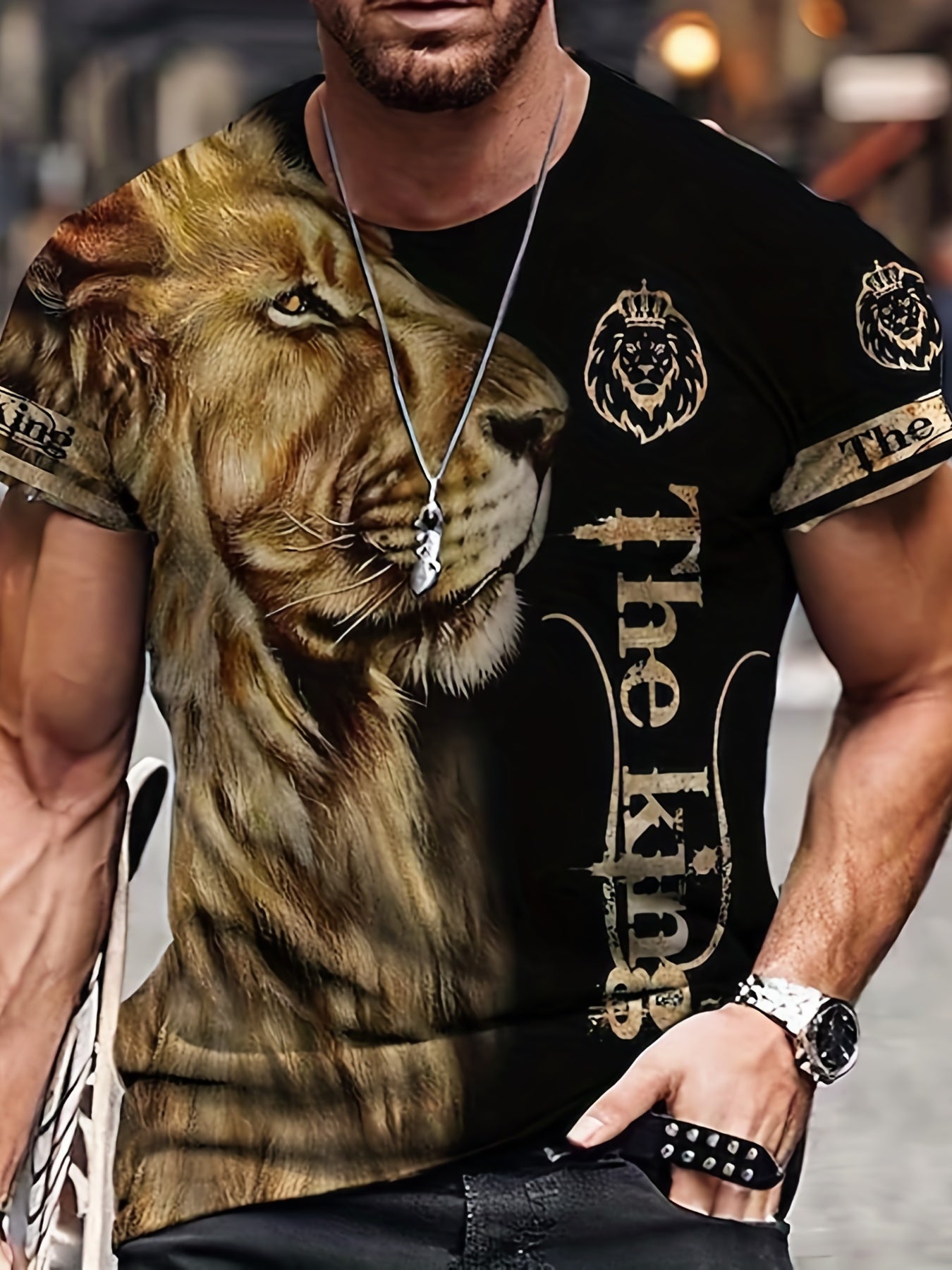 Men's Lion Graphic T-Shirt 3D Print Crew Neck Tee for Summer Outdoor Activities