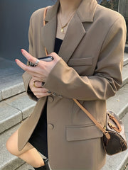 Solid Button Front Blazer Lapel Long Sleeve Blazer