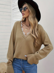 V Neck Lace Flounce Sleeve Sweater