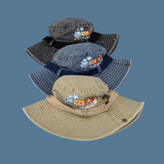 Outdoor Washed Sun Protection Embroidered Train Pattern Bucket Hat