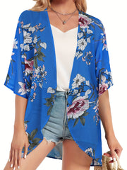 Floral Pattern Cover Up Shirt V Neck Half Sleeves Beachwear Cardigan