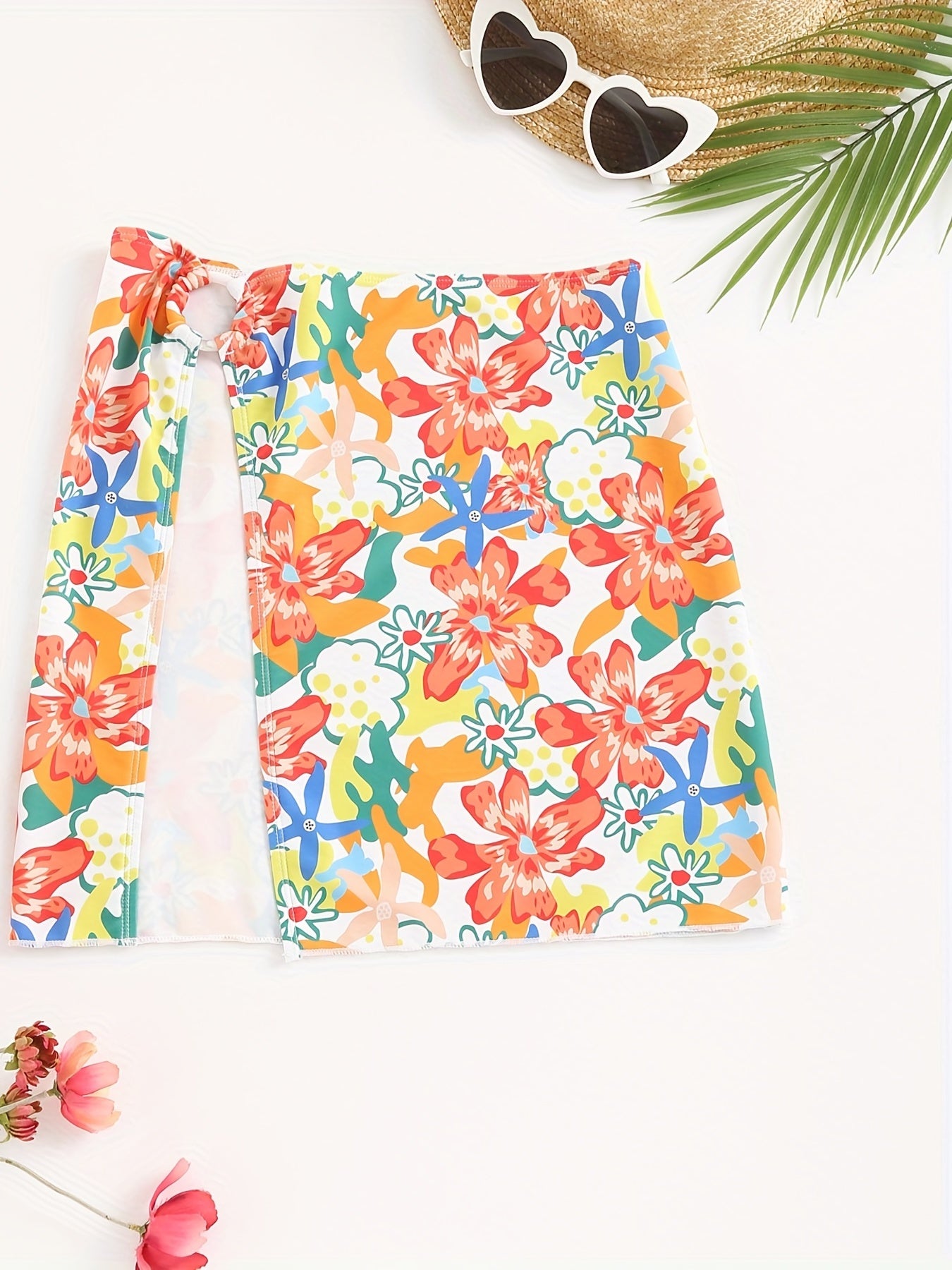 Floral Print Sexy Cover Up Skirt Ring Linked Split Beachwear Cover Up Skirt