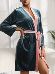 Letter Embroidery Night Robe Colorblock V Neck Robe Women's Sleepwear