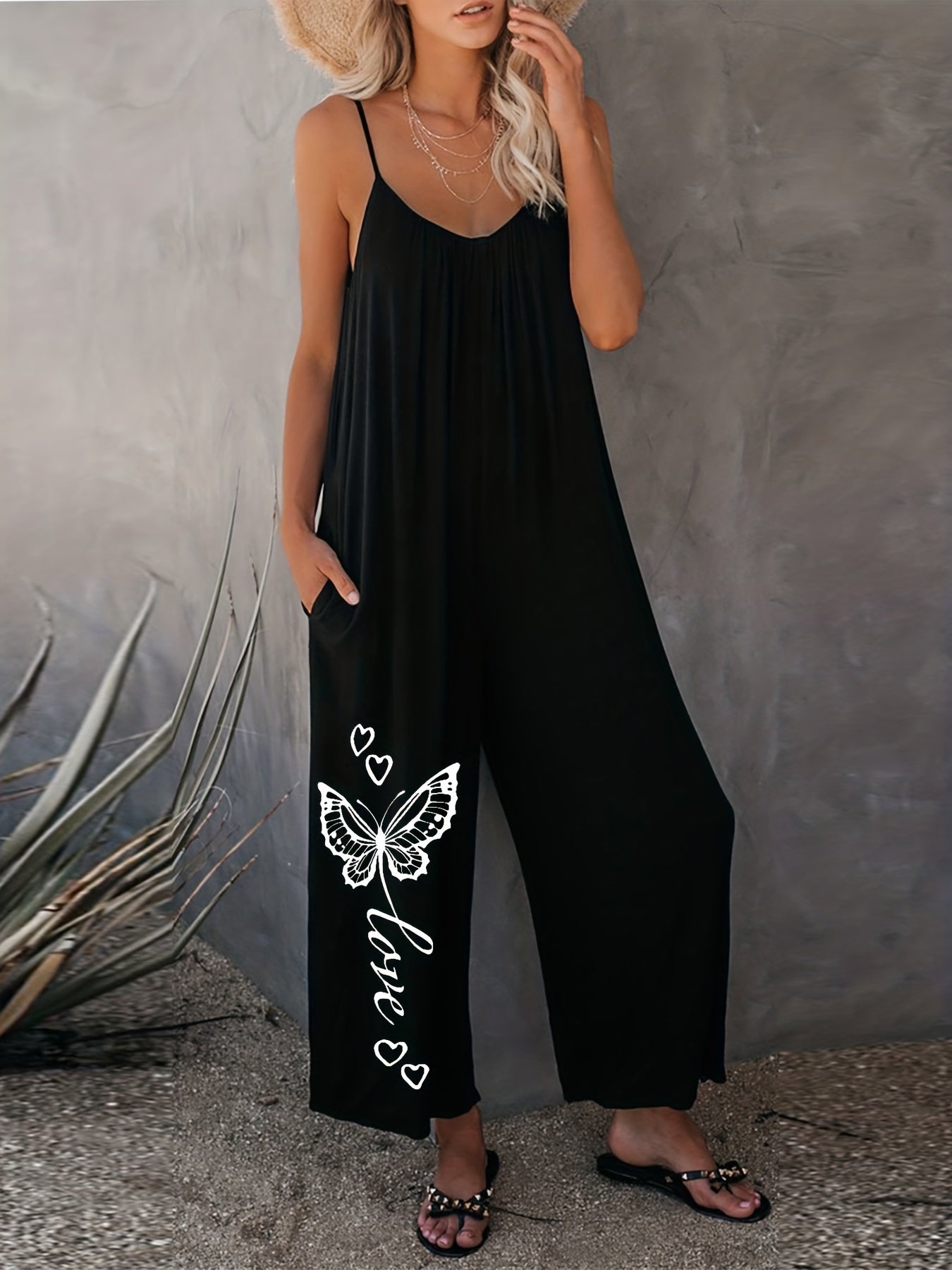 Casual Romper Women's Plus Solid Butterfly & Heart Print Cami Jumpsuit