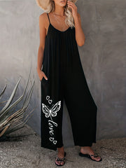 Casual Romper Women's Plus Solid Butterfly & Heart Print Cami Jumpsuit