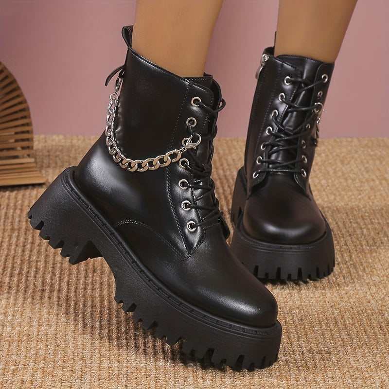 Women's Platform Combat Boots Chain Lace-Up Chunky Ankle Boots Zip Short Boots