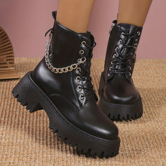 Women's Platform Combat Boots Chain Lace-Up Chunky Ankle Boots Zip Short Boots