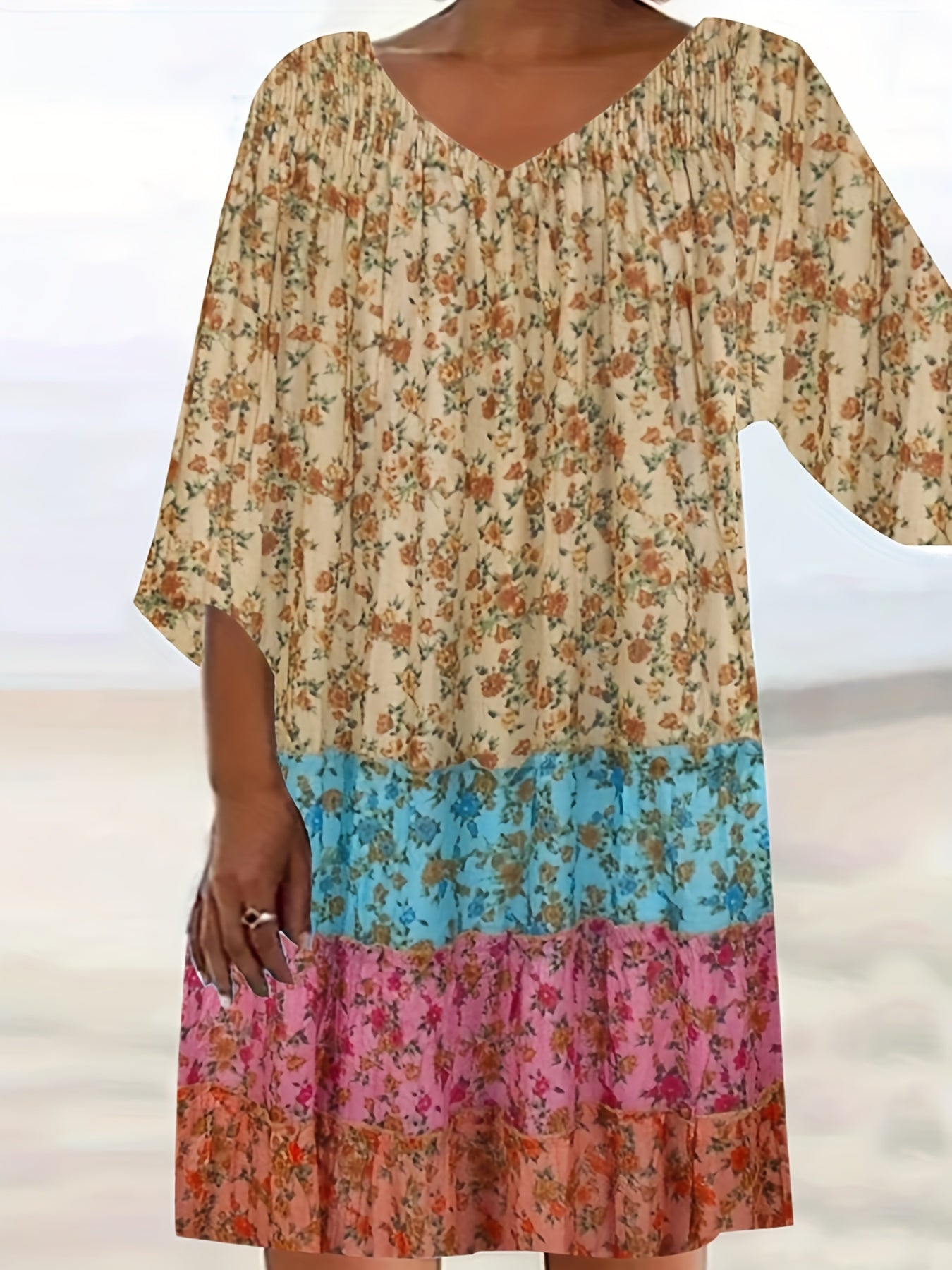 Women's Plus Colorblock Floral Print Half Sleeve Round Neck Dress