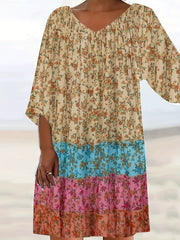 Women's Plus Colorblock Floral Print Half Sleeve Round Neck Dress