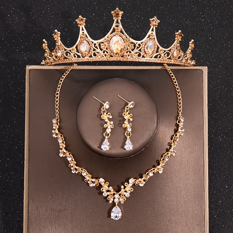 Baroque Silver Crystal Jewelry Set Rhinestone Tiara Crown Choker Necklace