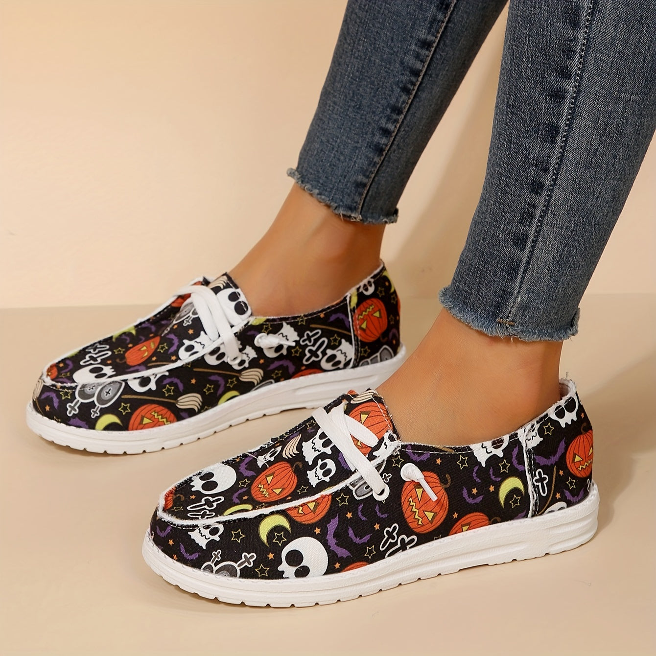 Women's Pumpkin Skull Pattern Flat Loafers Slip On Lightweight Casual