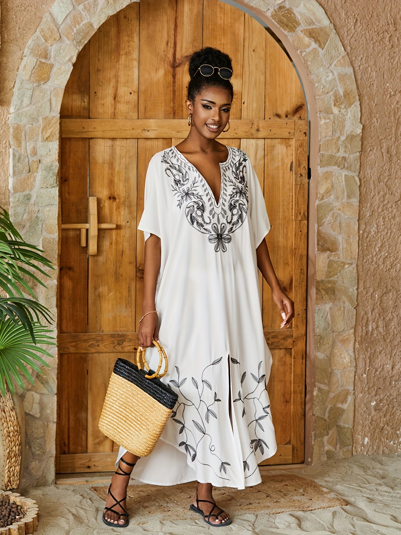 Plant Embroidered Cover Up Dress V Neck Loose Fit Short Sleeves
