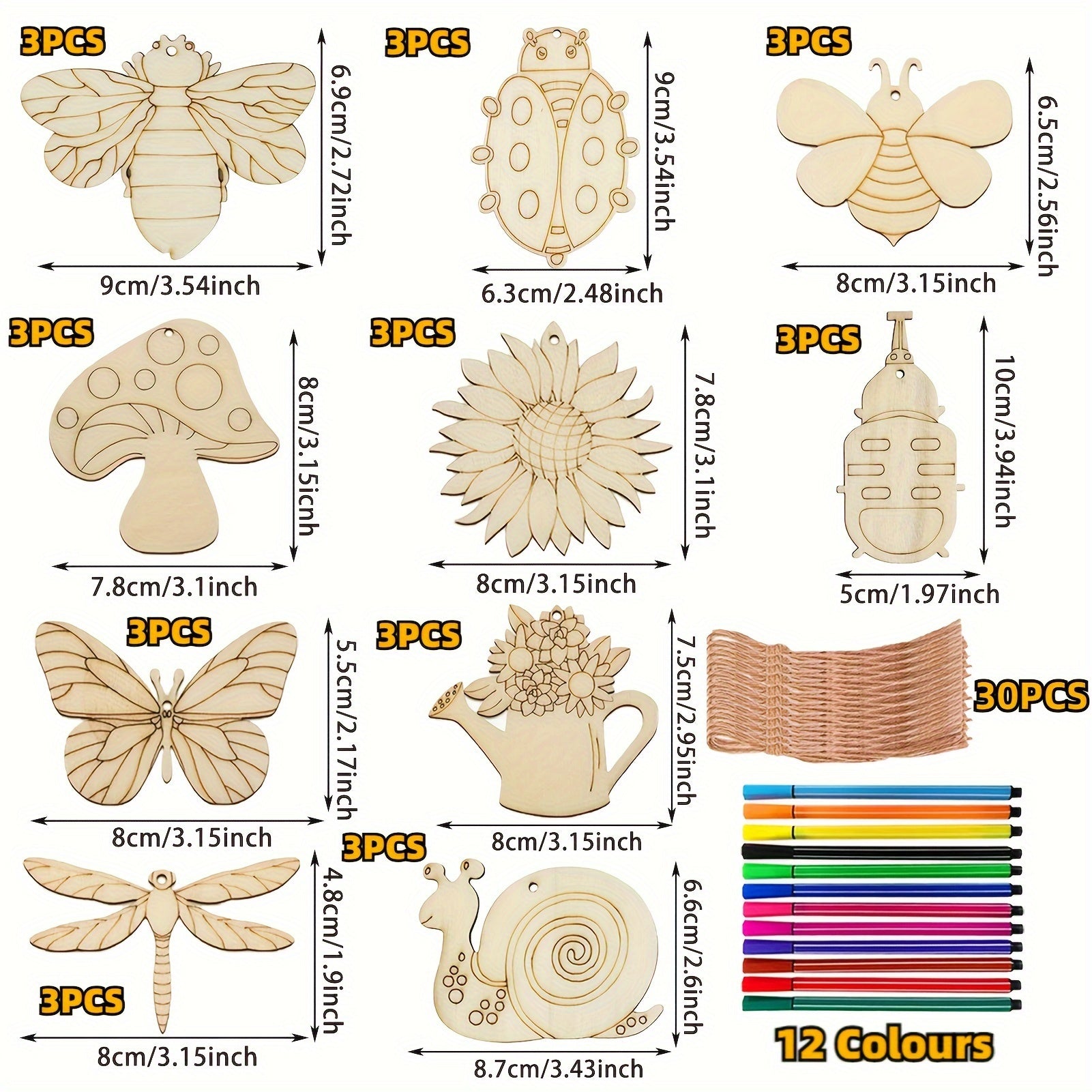 Insect Wooden Crafts Kids Set with 30pcs Blocks 12 Watercolor Pens 30 Ropes