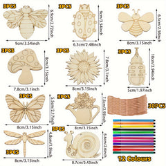 Insect Wooden Crafts Kids Set with 30pcs Blocks 12 Watercolor Pens 30 Ropes
