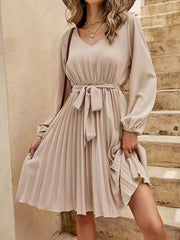Tie Waist Pleated Dress Lantern Sleeve V neck Dress