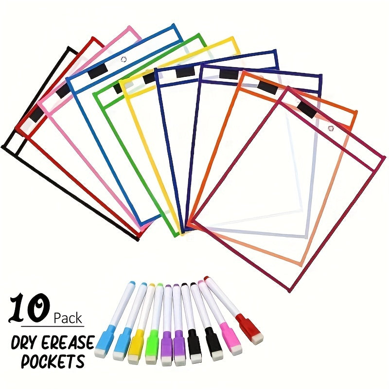 10pcs Dry Erase Pockets Reusable Wipe Clean Pockets Set Assorted Colors