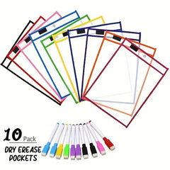 10pcs Dry Erase Pockets Reusable Wipe Clean Pockets Set Assorted Colors