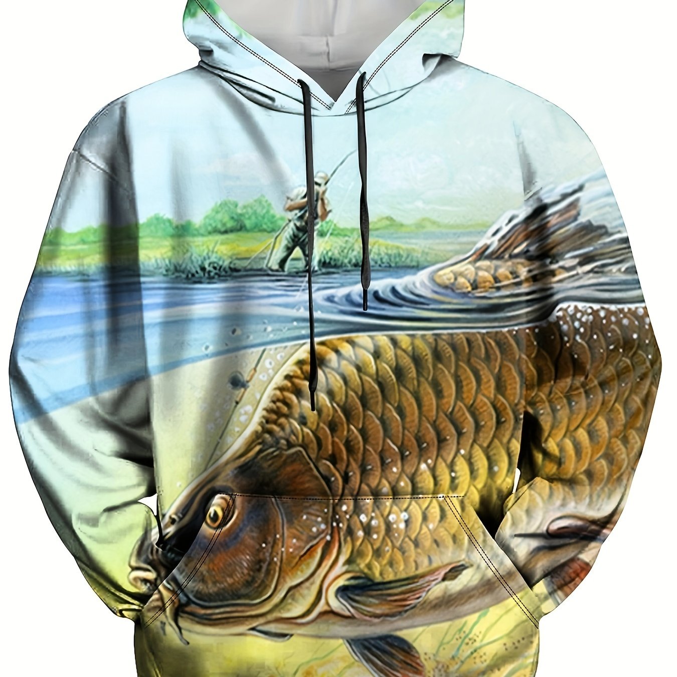 Fish 3D Print Hoodie for Men Graphic Pullover with Kangaroo Pocket