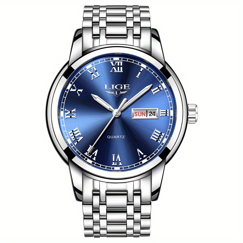 LIGE Men Stainless Steel Golden Watch Waterproof Sports Wrist Watches