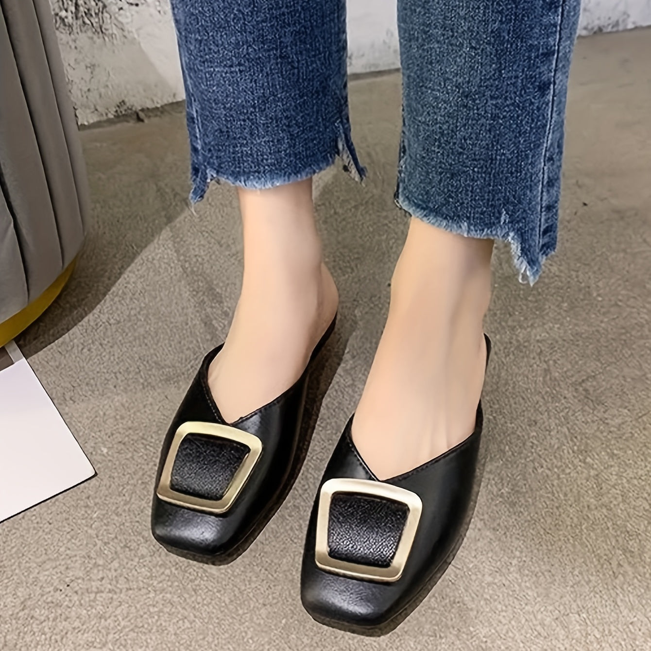 Square Buckle Flat Mule Slippers Block Heel Boots