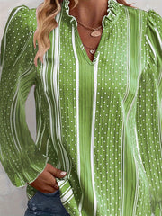 Stripe & Dot Print Flounce Sleeve Ruffle Trim Blouse