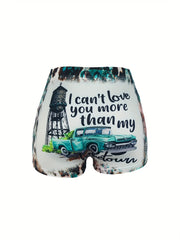 Graphic & Letter Print Skinny Shorts Sexy Elastic Waist Shorts