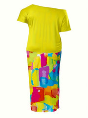 Women's Plus Size Letter Print One Shoulder Top & Midi Skirt Two Piece Set