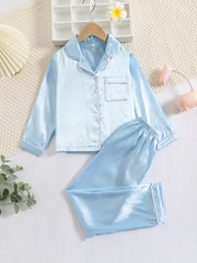 Girls Satin Button Front Loungewear Set