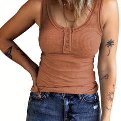 Button Front Crew Neck Tank Top Sleeveless Casual Summer Women's Top