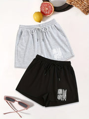 Sporty Casual Flag Print Drawstring Waist Shorts Set for Summer