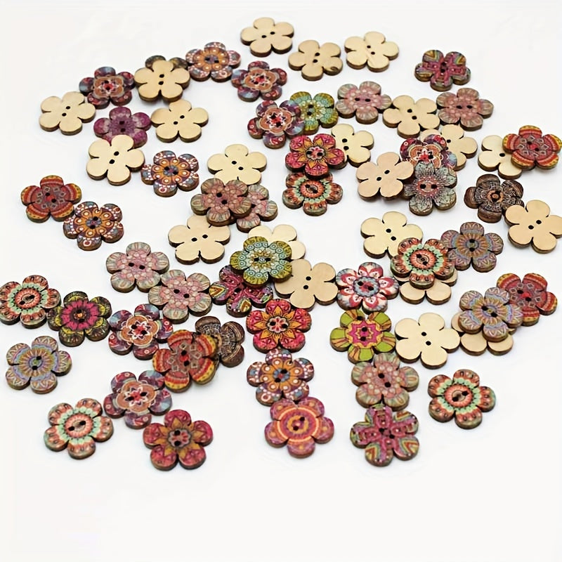 50pcs Painted Flowers Buttons Mixed Colors Wooden Buttons DIY Sewing Decoration